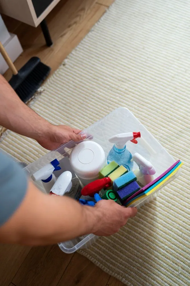 High angle hands holding box with products