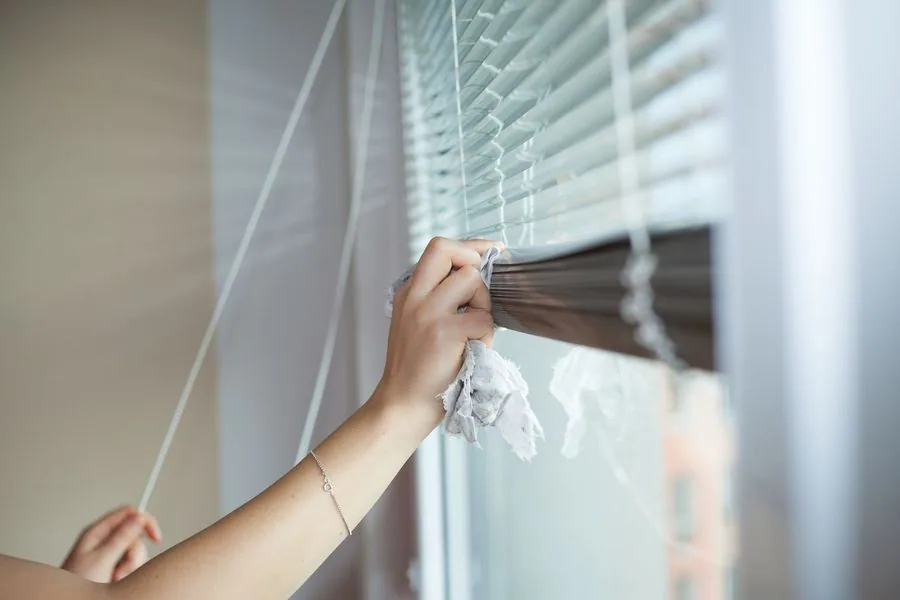 Hand young woman cleaning blinds cloth housework