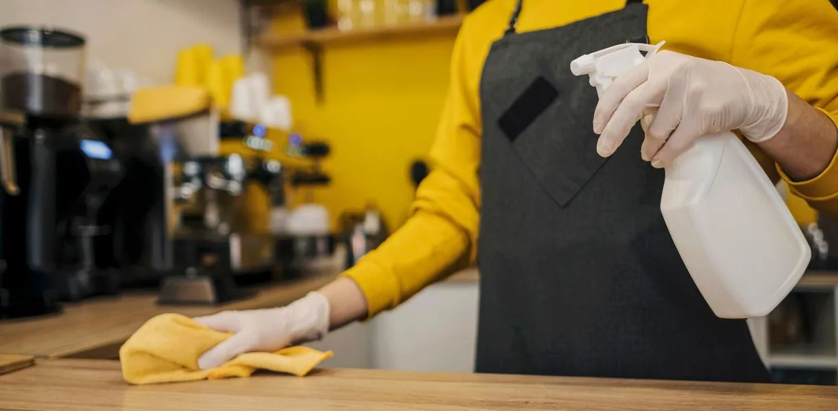 Person wearing gloves spraying and wiping a counter in a cafe setting.