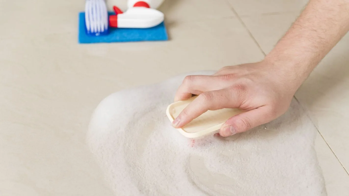 Hand scrubbing a floor with cleaning supplies in the background.